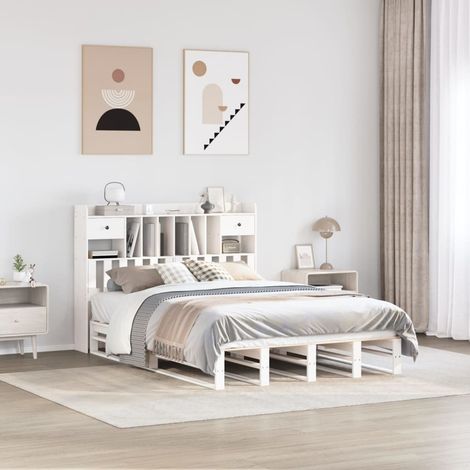 Lit bibliothèque sans matelas blanc 150x200 cm bois pin massif (1/5)