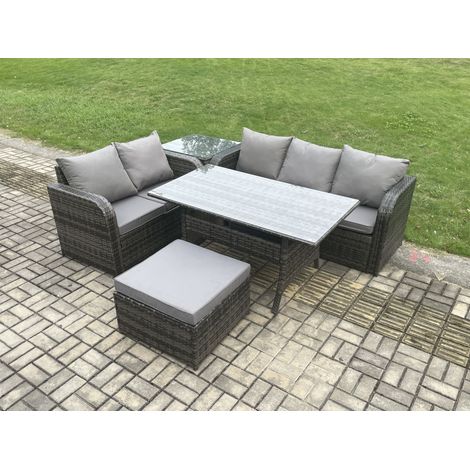 Fimous Outdoor Garden Patio Furniture Wicker Rattan Oblong Rectangular Dining Table and Lounge Sofa set with Side Table Big Footstool Dark Grey Mixed