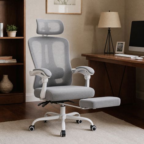 HAUSPROFI Chaise de bureau, ergonomique mesh, Appui-tête 3D ajustable - Soutien lombaire 3D, Repose-pieds rétractable, Inclinaison 90-140°, Accoudoirs relevables , Pivotant 360° (1/5)