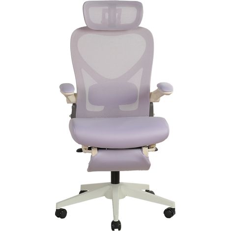 Silla de oficina ergonómica plegable morada con reposabrazos abatibles y soporte lumbar (1/5)