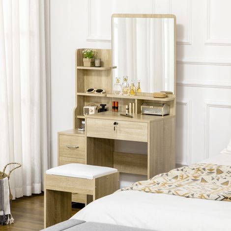 Coiffeuse maquillage 80x38x143 cm naturel avec tabouret miroir, 4 tiroirs, compartiments, style moderne