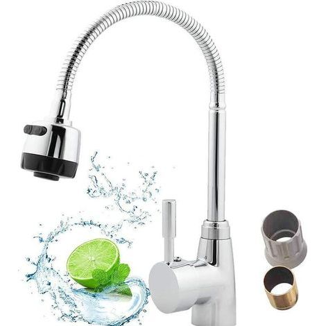 Robinet de cuisine réglable eau chaude/froide avec pulvérisateur extractible, rotation 360°, 2 modes d’écoulement, écrou plastique (1/4)