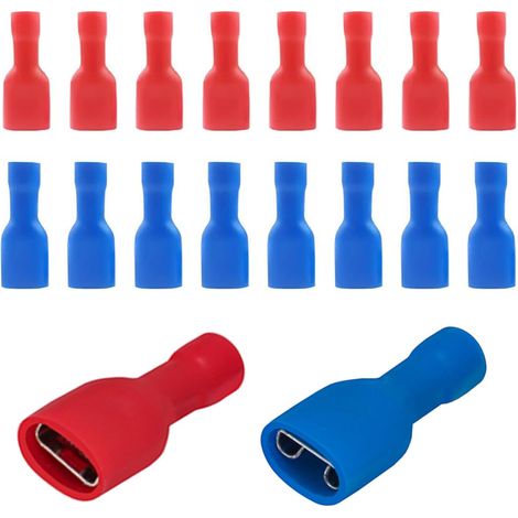 100 cosses electriques a sertir bornes de cable femelles a deconnexion rapide entierement isolees en vinyle 6,3 x 0,8 mm pour 1,5-2,5 mm² (16-14 AWG) Bleu, pour 0,5-1,5 mm² (22-16 AWG) Rouge (1/5)