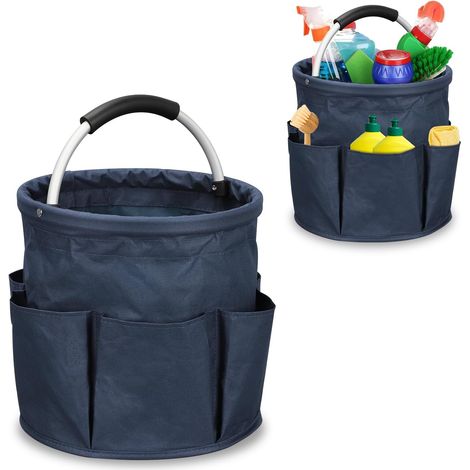 Sac de rangement pliable, panier cylindrique avec 6 poches latérales, fourre-tout à outils, 28 x 28 x 28 cm, 17 L (bleu marine) (1/5)