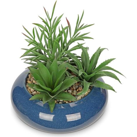 Kunstpflanze Sukkulente Keramiktopf 18cm Zimmerpflanze Blau (1/5)