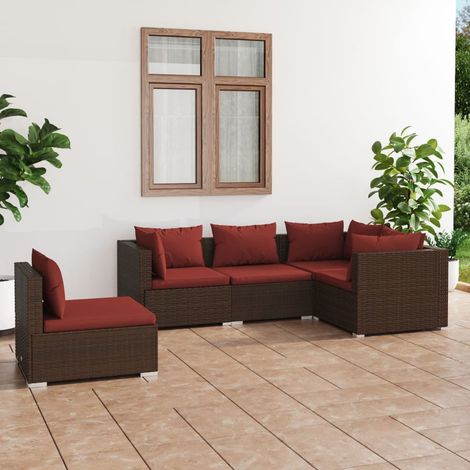 5 pcs Salon de jardin, Ensemble table et chaises de jardin, Meuble de jardin avec coussins résine tressée marron MKW672772 (1/5)