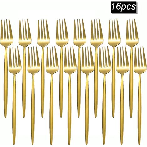 (16 fourchettes) Couverts en acier inoxydable doré, comprenant des fourchettes de table, des fourchettes à fruits et des fourchettes à steak. (1/5)