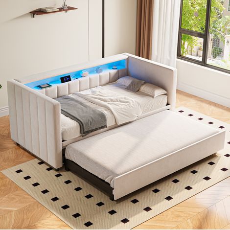 sofá cama extensible de terciopelo beige 90x190 DESVIAE (1/5)