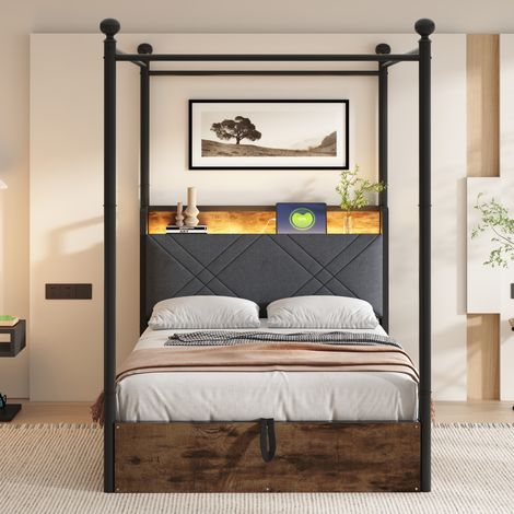 Cama con dosel multifunción 90x190 cm de metal negro, con cabecero tapizado, LED, USB y espacio de almacenaje (1/5)