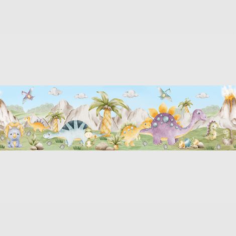 Frise auto-adhésive - Dinosaures jouant à l'aquarelle - 500x13,8 cm