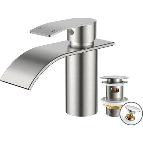 Robinet de salle de bain avec bonde - En acier inoxydable - Avec hauteur de bec - 80 mm - Mitigeur monocommande pour eau froide et chaude dans la salle de bain (1/5)