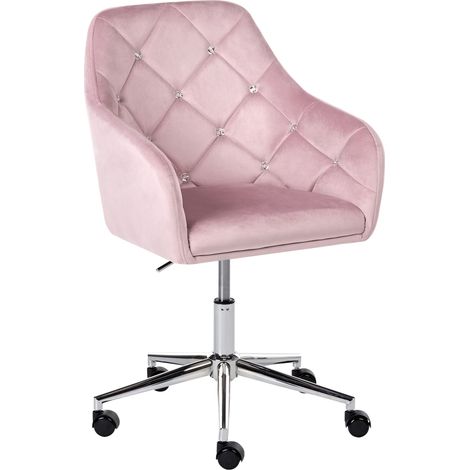 Office Chair Pastel Pink Velvet Gas Lift Height Adjustable with Crystals Tufted Backrest and Full Swivel Glam Style Home Office VELORIA