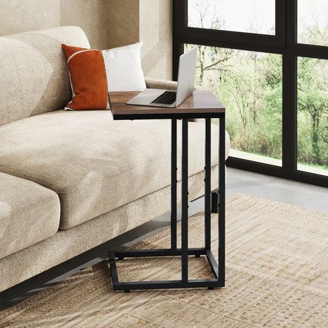 Table d'appoint en forme de C, structure en métal robuste et rangement ouvert, design fin idéal pour les petits espaces, parfait pour le salon et la chambre, marron (1/5)
