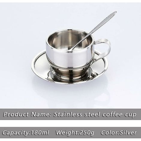 Kaffeetassen-Set aus Edelstahl, doppelwandig, Cappuccino-Becher mit Henkel, inklusive Löffel und Untertasse, bruchsicher, für Cafés und Restaurants (silber) (1/5)
