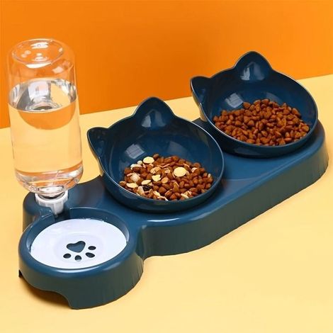 Gamelle Chat 3 en 1 Incliné 15° + Distributeur d’Eau par Gravité Sans Électricité – Anti‑dérapant – Bleu Marine (1/5)