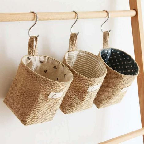 Aufbewahrungskorb aus Baumwolle und Leinen, 3-teiliges faltbares Leinen-Aufbewahrungsset, Hängeaufbewahrungstasche, für Spielzeug, Make-up, Kleinigkeiten, Schlüssel, Toilettenpapier, Topfpflanzen (1/5)