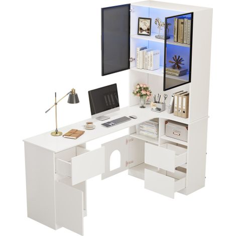 Bureau D Angle 120x80x180 Cm avec Étagères et Vitrine Led et Étagères Ouvertes Mdf Blanc (1/5)