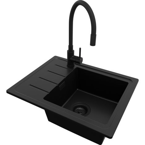 PRIMAGRAN Evier Cuisine en Granit 55x44cm, Lavabo 1 bac + Robinet 40x38cm + Kit de Vidage, Évier à Encastrer au meuble 45cm - Copenhague Easy, Tout Noir