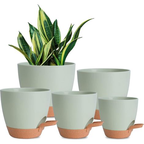 Set di 5 vasi da fiori in plastica autoirriganti con foro di drenaggio, 7/6,5/6/5,5/5 pollici, verdi (1/5)