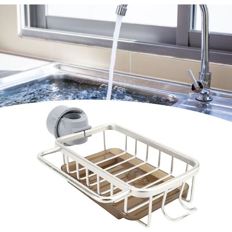 Badezimmer-Organizer [Multifunktionaler Schwammhalter für Waschbecken mit Abtropfschale] + [Armaturenablage] + [Silberne rechte Seite] + [Rostbeständiges Aluminium] (1/5)
