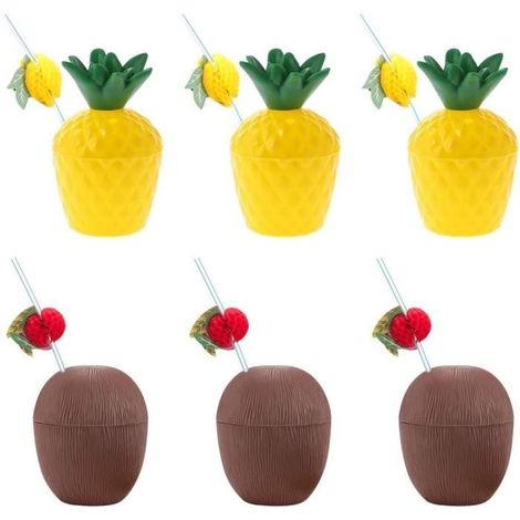 Verre à cocktail,Lot de 6 tasses hawaïennes en plastique en forme d’ananas et de noix de coco - avec 6 pailles à fruits pliables (1/4)