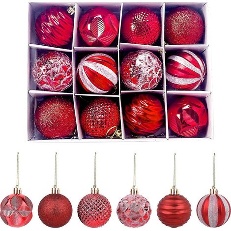 Weihnachtsbaumkugel-Ornamente, 12 Stück, bruchsichere rote Weihnachtskugeln mit Baumschmuck-Haken für Weihnachten, Feiertage, Hochzeit, Party, Dekoration (1/5)