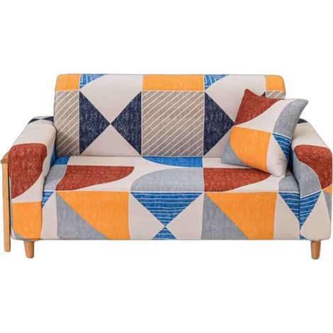Housse de Canapé Extensible 2 Places avec Accoudoirs - JINFGERNE - Motif Géométrique Modernes en Jaune et Bleu, Protection Efficace et Entretien Facile pour un Salon Élégant
