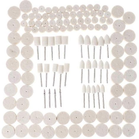 Kit de 129 pièces comprenant un tampon de polissage en feutre de laine, une meule de polissage, une pointe et un mandrin. (1/5)
