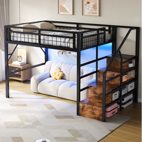 Letto rialzato 140x200 cm con LED e scala portaoggetti in metallo, nero, senza materasso (1/5)
