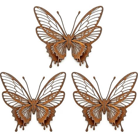 Lot 3 papillons métal rouillé – Style vieilli – Déco jardin autoportante – Cour/patio – Halloween/Thanksgiving/Fête des Mères