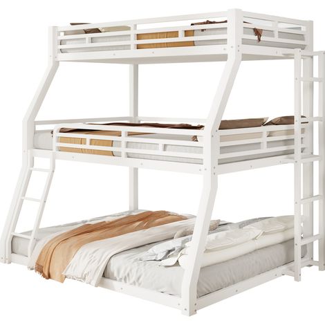 Lit superposé triple en métal 3 places blanc, 90x200 120x200 140x200 cm, cadre robuste avec échelles, gain de place idéal. (1/5)