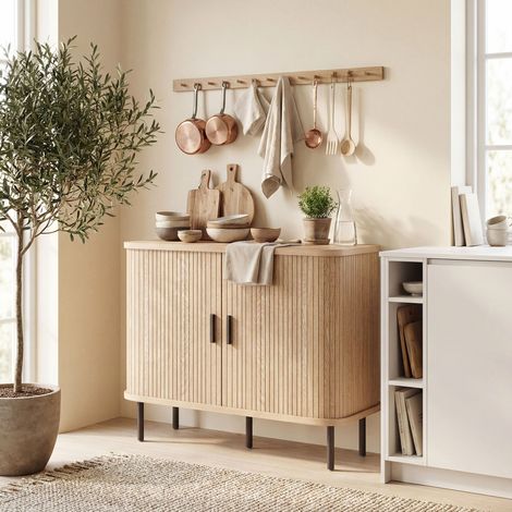 Buffet salon. meuble de rangement avec 2 portes coulissantes en tambour à lattes et 4 compartiments. chêne