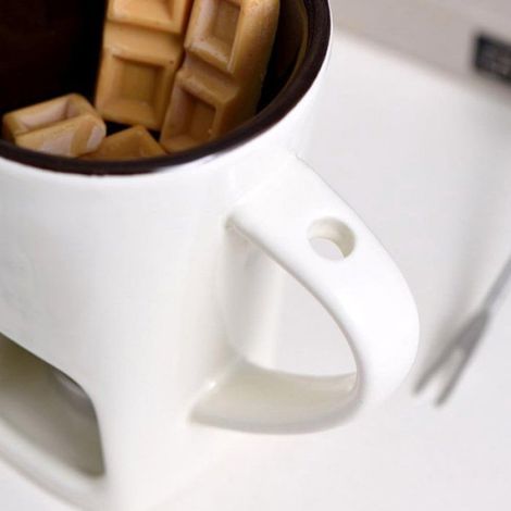 Mug À Fondue En Céramique, Chauffe Chocolat Au Chauffe-plat, Modèle 11 cm Avec Fourchette, Blanc, Dessert DIY (1/4)