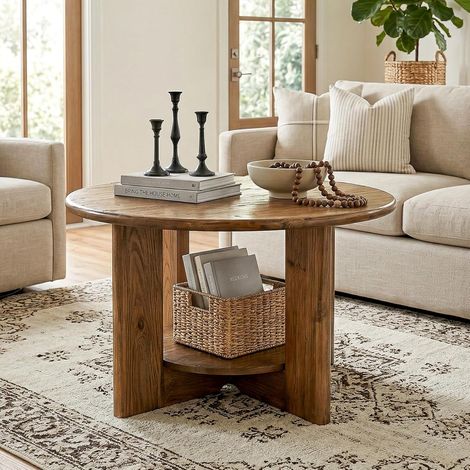 Tribesigns Round Coffee Table, 31.5" Solid Wood Circle Coffee Table with 2-Tier Storage, Small Farmhouse Center Table for Living Room, Rustic Brown