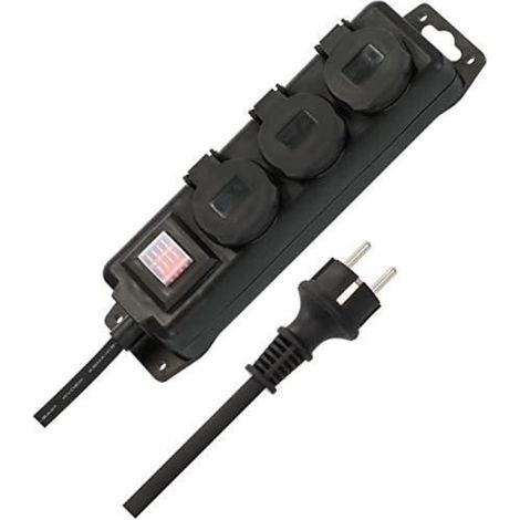 Distributeur de prise murale - Noir - 3 prises étanches - IP44 - Câble 2m - Interrupteur intégré
