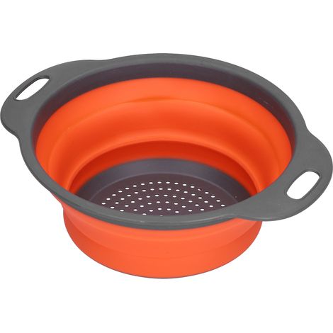 Panier à légumes rond en silicone orange, pliable avec poignée, grande taille pour égoutter fruits et légumes, cuisine domestique.