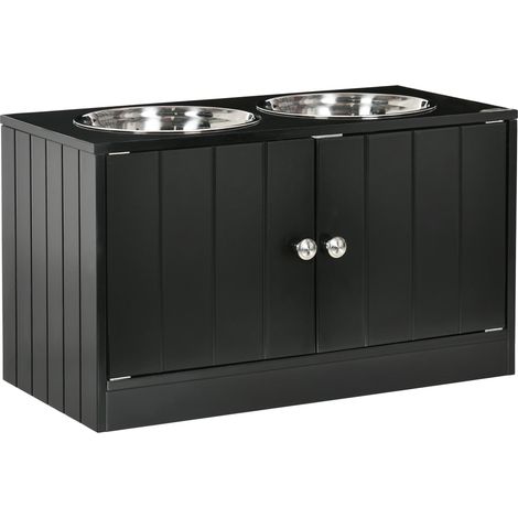 2 Ciotole per Cani Rialzate 60x30x35,5 cm in Acciaio Inox con Vano Contenitore Nero (1/5)
