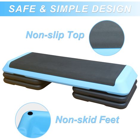 Plateforme d’entraînement aérobique bleue 110 cm avec 4 élévateurs ajustables. Hauteur réglable pour le stepper cardio et le à domicile. (1/5)