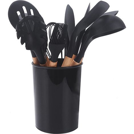 Lot de 11 ustensiles de cuisine en silicone noir avec manche en bois, cuillère, spatule, pinceau, racloir, pince, antirouille, seau rond boîte cadeau (1/5)