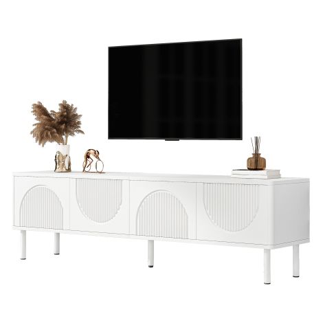 Meuble TV moderne 180cm blanc à façades cannelées demi-cercle, avec rangements intégrés, finition mate et passage pour câbles, design minimaliste adapté pour salon, chambre ou couloir (1/5)