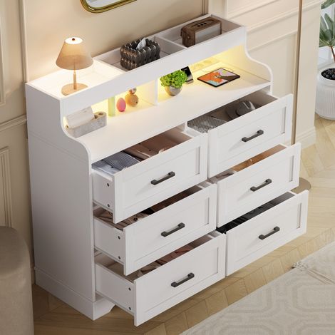 Commode Chambre 110x40x99 cm, Buffet Salon, Armoire 6 Tiroirs, Haute Meuble de Rangement pour Salon, Chambre, Couloir, Blanche, avec LED et prise européenne (1/5)