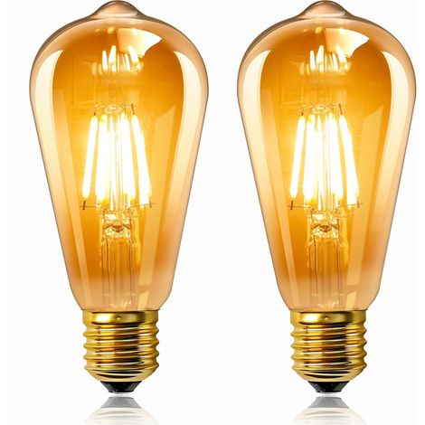Set mit 2 Vintage Edison E27 LED-Lampen, 6 W, bernsteinfarbenes Glas, warmweiß 2200 K, entspricht 60 W Glühlampe, 600 lm, 220 V Wechselstrom, nicht dimmbar, ST64 Glühfaden, Retro-Design (1/5)