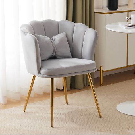 Poltrona da soggiorno in velluto grigio con schienale a petalo e gambe in metallo dorato,63 x 58 x 77 cm (1/5)