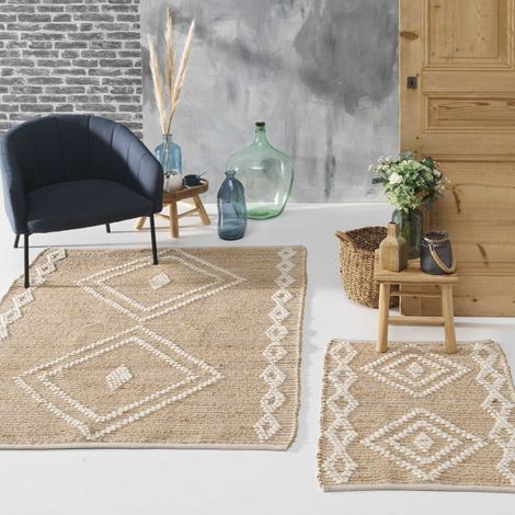 Douceur D'Intérieur – Tapis kilim rectangle 120x170cm en jute et laine – Style ethnique – Compatible robot aspirateur – Lavage main