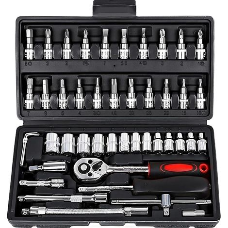 BEBUSINGOTO (Negro) Juego de 46 llaves de trinquete con dado de 1/4 de pulgada con juego de dados métricos y barra de extensión para reparación de automóviles (1/5)