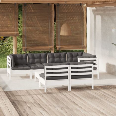INLIFE Salon de jardin 8 pcs avec coussins Blanc Bois de pin massif (1/5)