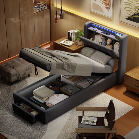 Letto contenitore 90x200 cm, letto per bambini con LED e 1 cassetto, porta USB, letto imbottito in velluto grigio, materasso non incluso (1/5)