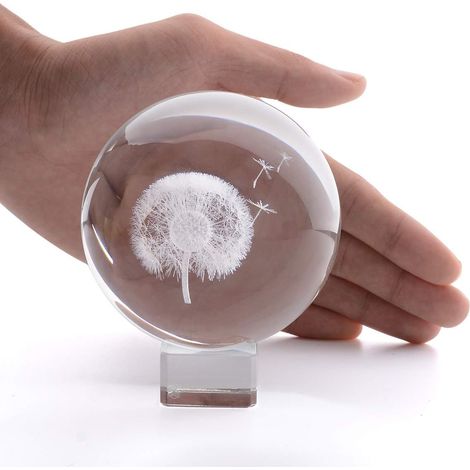 Presse-papier boule de cristal pissenlit 3D - Sphère en verre gravée au laser de 6 cm (2,4 pouces) - Globe décoratif pour la méditation - Support en cristal (1/5)