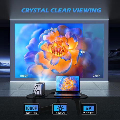 Mini proiettore video 4k supportato, mini proiettore video portatile retroproiettore portatile Home Cinema, Full HD 1080P, correzione verticale automatica, messa a fuoco elettrica, 15000 lumen (1/4)