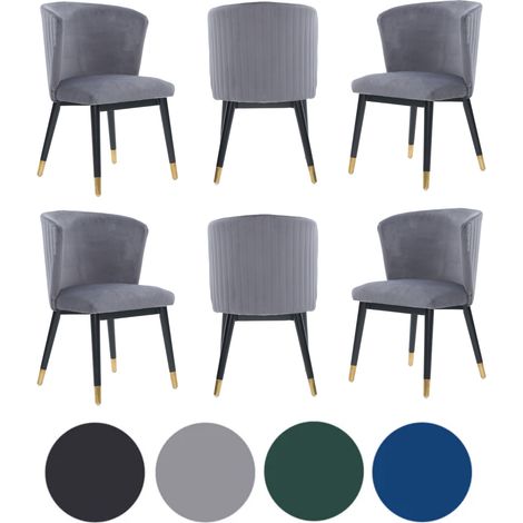 Set of 6 Grey Sofina Modern Velvet Dining Chairs with Tufted Back - Wooden Frame & Gold-Tipped Rubberwood Legs (1/5)
